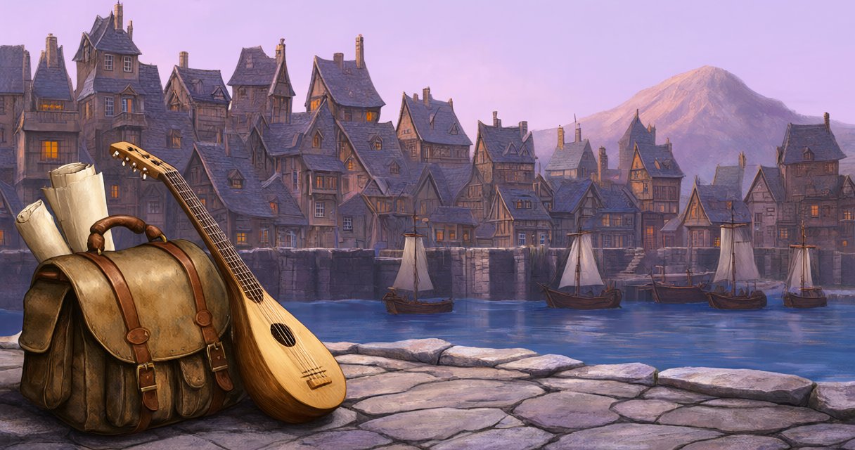 A travel satchel and wooden lute sit beside an invented medieval harbor at lavender dusk.